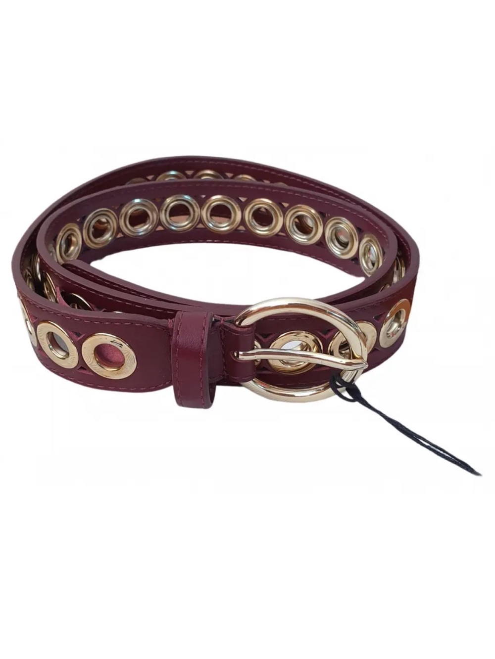Sandro Burgundy Leather Belt with Gold Eyelet Hardware